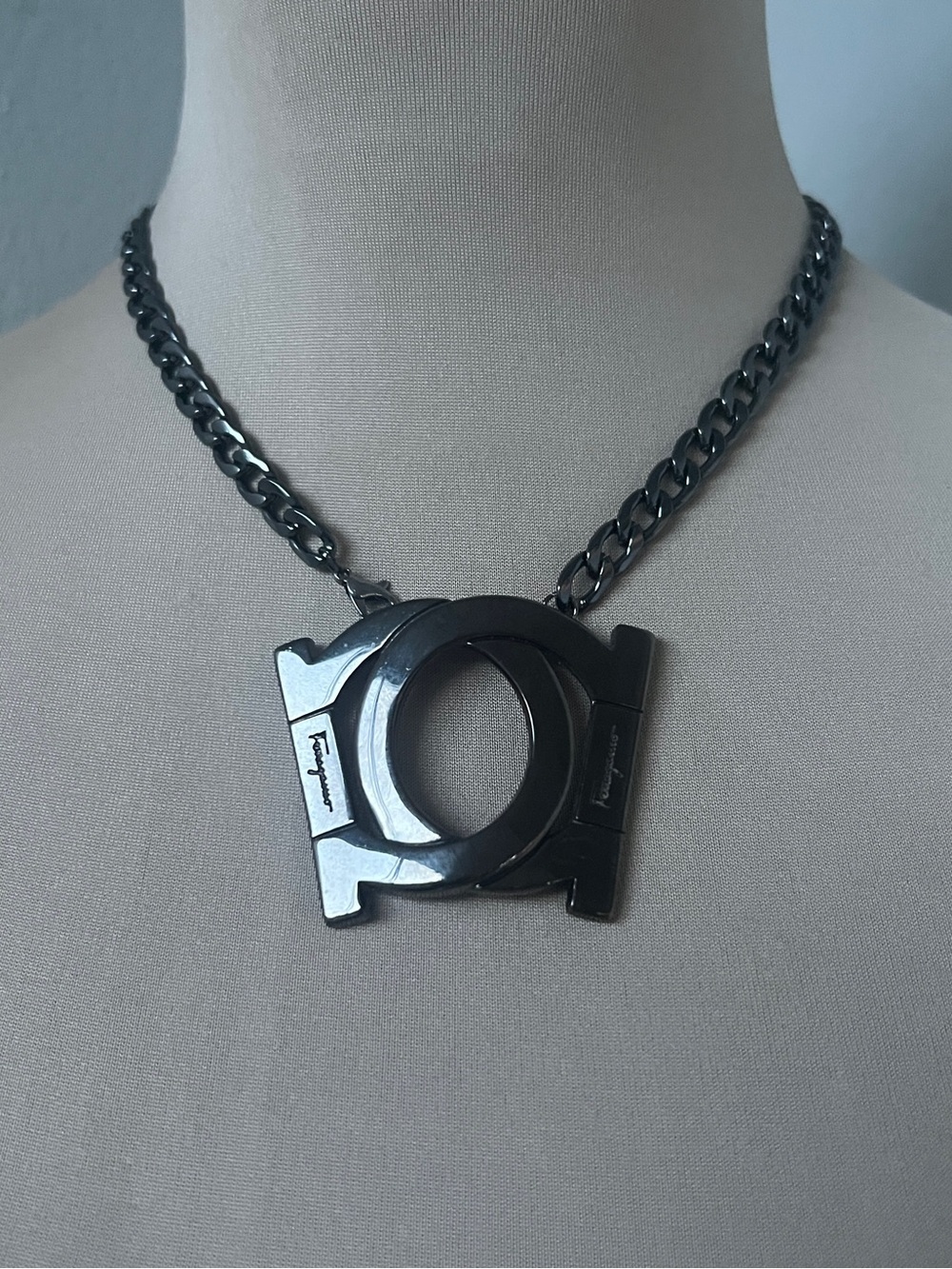 Custom Ferragamo Gunmetal Double Gancini Statement Necklace 17”